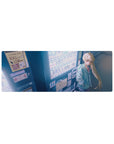 32x12 inches anime girl mouse pad with mint hoodie blonde girl, neon vending machine city street scene.