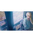 40x20 inches anime girl desk pad with mint hoodie blonde in neon city by colorful vending machines.