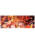 Rengoku from Demon Slayer on a 32x12 inch mouse pad, flames and katana in vivid reds and golds, full of dynamic energy.