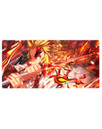 Rengoku from Demon Slayer on a 32x16 inch anime mouse pad, flames emitting from his katana, capturing dynamic energy.