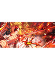 Anime desk pad 36x16 inches featuring Rengoku from Demon Slayer, capturing fiery energy with flames and intense focus.