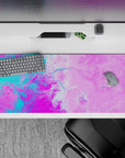 36x16 inches desk pad with liquid abstract patterns in playful pink, purple, and turquoise tones, ideal for energizing and inspiring your workspace.
