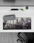 28x12 inches mouse pad in smoky gray and silver tones, quietly dramatic gothic anime aesthetic.