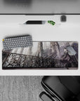 Moody gray and silver gothic anime mouse pad 32x12 inches, cool shy vibe with dramatic ink-dark dress.