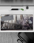 Moody gray and silver gothic anime mouse pad 32x16 inches, cool dramatic vibe with lace and ribbons.