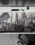 Moody gray-and-silver anime desk pad 40x20 inches, dark dress and lace, quietly dramatic gothic vibe.