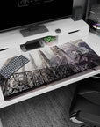 Anime girl on ornate balcony desk pad 40x20 inches, shy bold pose in flowing black dress before spires.