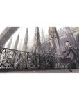 Gothic anime girl desk pad 40x20 inches with iron balcony and cathedral spires, ornate filigree art.