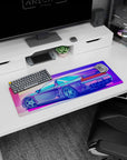 Artistic 32x12 inches mouse pad with the Neon Racer Drift, featuring a vibrant neon sunset and a sleek sports car, evoking retrowave nostalgia.