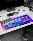 Artistic 36x16 inches desk pad with the Neon Racer Drift, blending sleek car design and vaporwave aesthetics with a neon sunset backdrop.