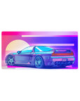 Mouse pad featuring the Neon Racer Drift, 32x16 inches, with a sports car against a neon sunset, perfect for car enthusiasts and retrowave fans.