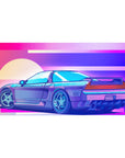 Desk pad featuring the Neon Racer Drift, 40x20 inches, with a sleek sports car against a neon-lit sunset, capturing retro racing vibes.