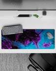 Intense 32x12 mouse pad features Unit-01’s fierce presence and neon accents with intricate details for fans of bold artistry