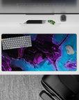 Impactful 32x16 mouse pad combines deep purples, electric blues, and sharp linework for visually striking yet functional visuals