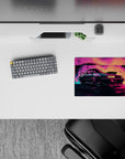 Small-sized 14x10 mouse pad with neon car design adds vibrant retrofuturism to any desk or workspace