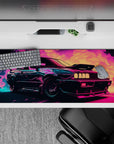 Striking 36x16 desk pad highlights neon car design blending 80s nostalgia with modern vaporwave style