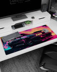 Bold neon colors on 36x16 mouse pad bring retro racing essence to life with vivid pink blue and purple hues