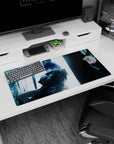 Blue-haired anime girl leaning back with folded arms on a 32x16 inches mouse pad, calm daring stare.
