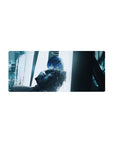 Anime girl mouse pad 28x12 inches with blue-haired character, dark jacket, and cinematic window glow.