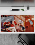 32x16 inches anime girl mouse pad in rich reds and warm golds, cozy lantern-night vibe, playful.