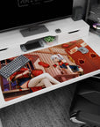 Two anime girls on desk pad 40x20 inches: cheongsam lounge and silver twin-tails holding a lantern.