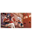 32x16 inches anime girl mouse pad with two festival girls, lanterns, fireworks window, lucky charms.