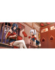 36x16 inches anime girl desk pad with festival duo, lanterns, fireworks window, and lucky wall charms.