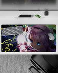 32x16 inches desk mat in midnight blues with neon yellow lightning and soft pink sleeves, stormy vibe.