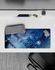 28x12 inches anime girl desk mat in midnight blues with neon aqua glow, calm cyber-water vibe.