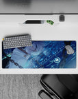 Midnight blue anime girl mouse pad 32x12 inches in cool cyber-aqua glow with a calm dreamy vibe.