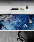 36x16 inches anime desk pad in midnight blue with neon aqua glow, calm cyber-water mood.