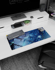 28x12 inches anime mouse pad showing a silver-haired girl floating sideways, green eyes, white high collar.