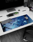 36x16 inches desk pad showing silver-haired anime girl sideways, green eyes, white high-collar outfit.