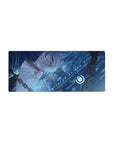 28x12 inches anime girl mouse pad with silver-haired girl, neon aqua ripples, and tech symbol backdrop.