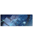 Anime girl mouse pad 32x12 inches with silver-haired floating girl, neon aqua ripples, and tech symbols.