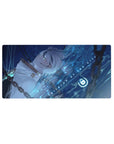 32x16 inches anime girl mouse pad with silver-haired girl, neon aqua ripples, numbers, and tech symbols.