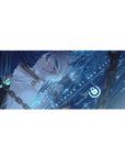 36x16 inches anime girl desk pad with silver-haired floating girl, neon aqua ripples, tech symbols.