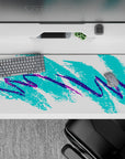 36x16 inches desk pad with vibrant abstract design, showcasing bold brush strokes in teal and purple for a playful and retro-inspired workspace.