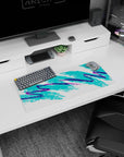 My Hero Academia mouse pad, 28x12 inches, featuring vibrant abstract design, with teal and purple brush strokes for a playful 90s-inspired effect.