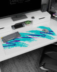 Artistic 36x16 inches desk pad featuring vibrant abstract design, with teal and purple brush strokes to bring creative energy and 90s nostalgia.