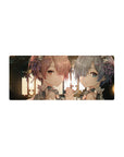 Mouse pad featuring Rem and Ram design, 28x12 inches, with soft lighting and delicate expressions for a calming and beautiful anime-inspired look.