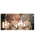 Mouse pad featuring Rem and Ram design, 32x16 inches, with soft lighting and gentle expressions for a tranquil, elegant anime-inspired aesthetic.