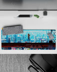 32x12 inches mouse pad with Asuka Langley Soryu design, featuring a cyberpunk cityscape, electric blues, and fiery determination for a dynamic anime effect.