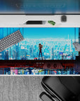 40x20 inches mouse pad with Asuka Langley Soryu, featuring a cyberpunk cityscape with electric blues and industrial grit, capturing her fiery determination.