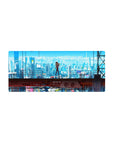 Mouse pad featuring Asuka Langley Soryu, 28x12 inches, with cyberpunk cityscape and electric blues for a powerful, dynamic Evangelion-inspired design.