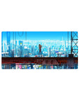 Mouse pad featuring Asuka Langley Soryu design, 32x16 inches, with electric blues, cyberpunk cityscape, and industrial grit for an Evangelion-inspired aesthetic.