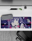32x12 inches desk mouse pad in moody navy and crimson with pill shapes, street-poetry Japanese lettering.