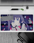 Moody navy and crimson anime mouse pad 32x16 inches with pill icons and street-poetry kanji.