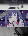 Moody navy and crimson anime desk pad 40x20 inches, street-poetry Japanese scribbles and pill icons.