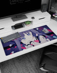 36x16 inches anime girl desk pad showing big glassy eyes, cheek on hand, violet twin tails, sailor uniform.